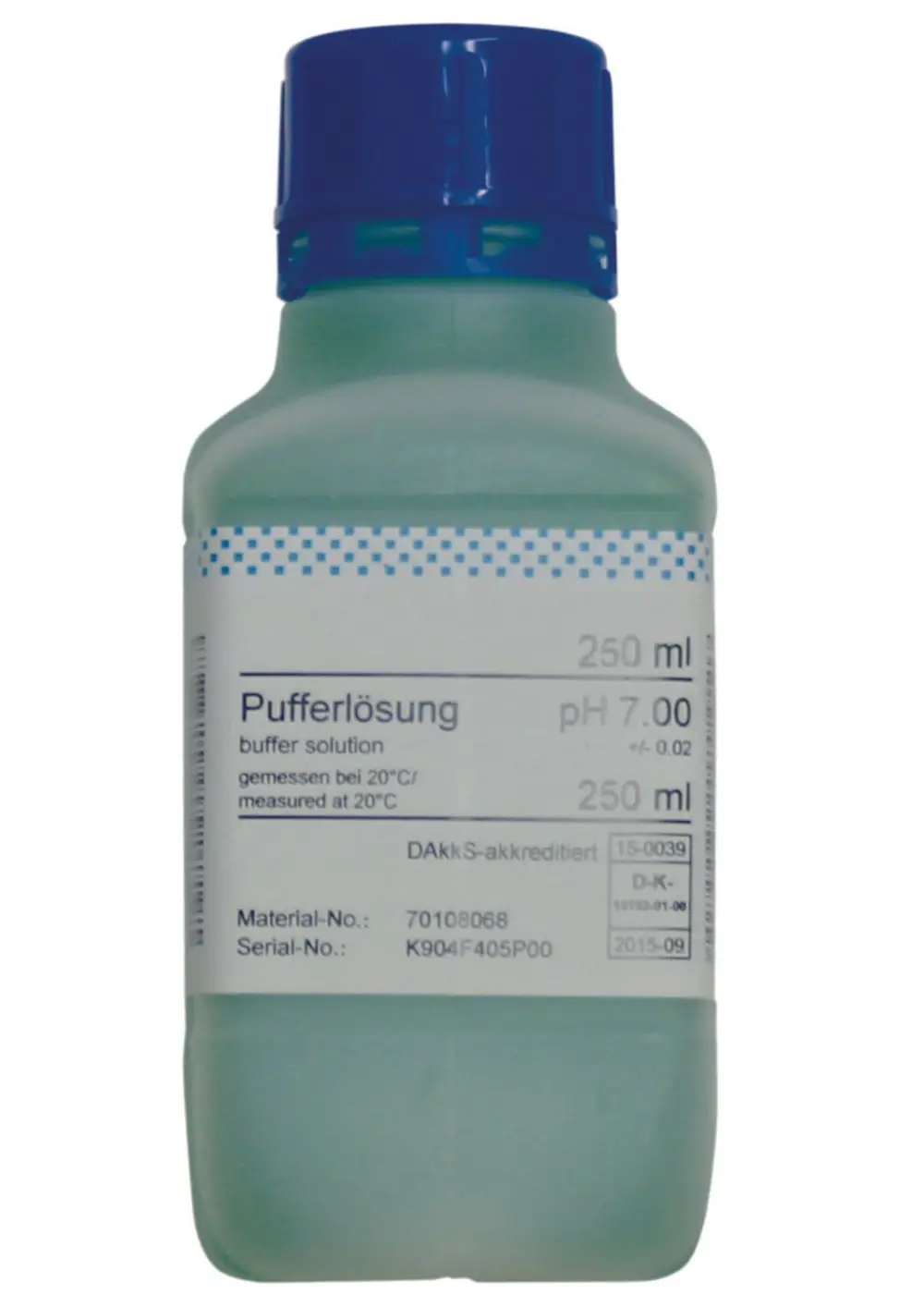 Blau verschlossener Behälter mit Pufferlösung, etikettiert mit pH 7, gemessen bei 20°C, ergänzt um Material- und Seriennummern. Marke: Judo.